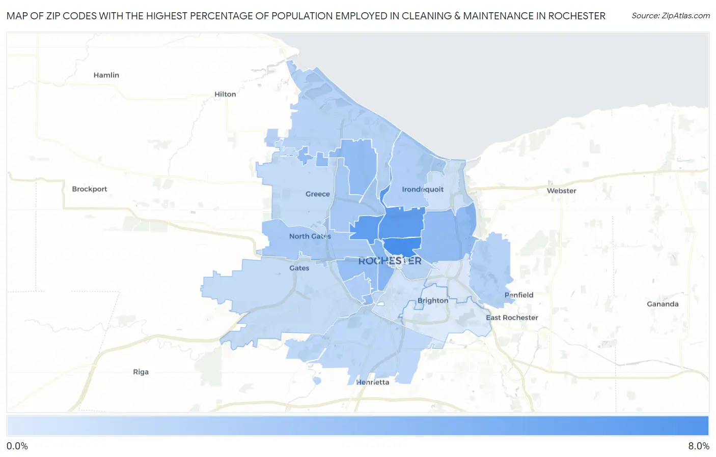 Zip Codes with the Highest Percentage of Population Employed in Cleaning & Maintenance in Rochester Map