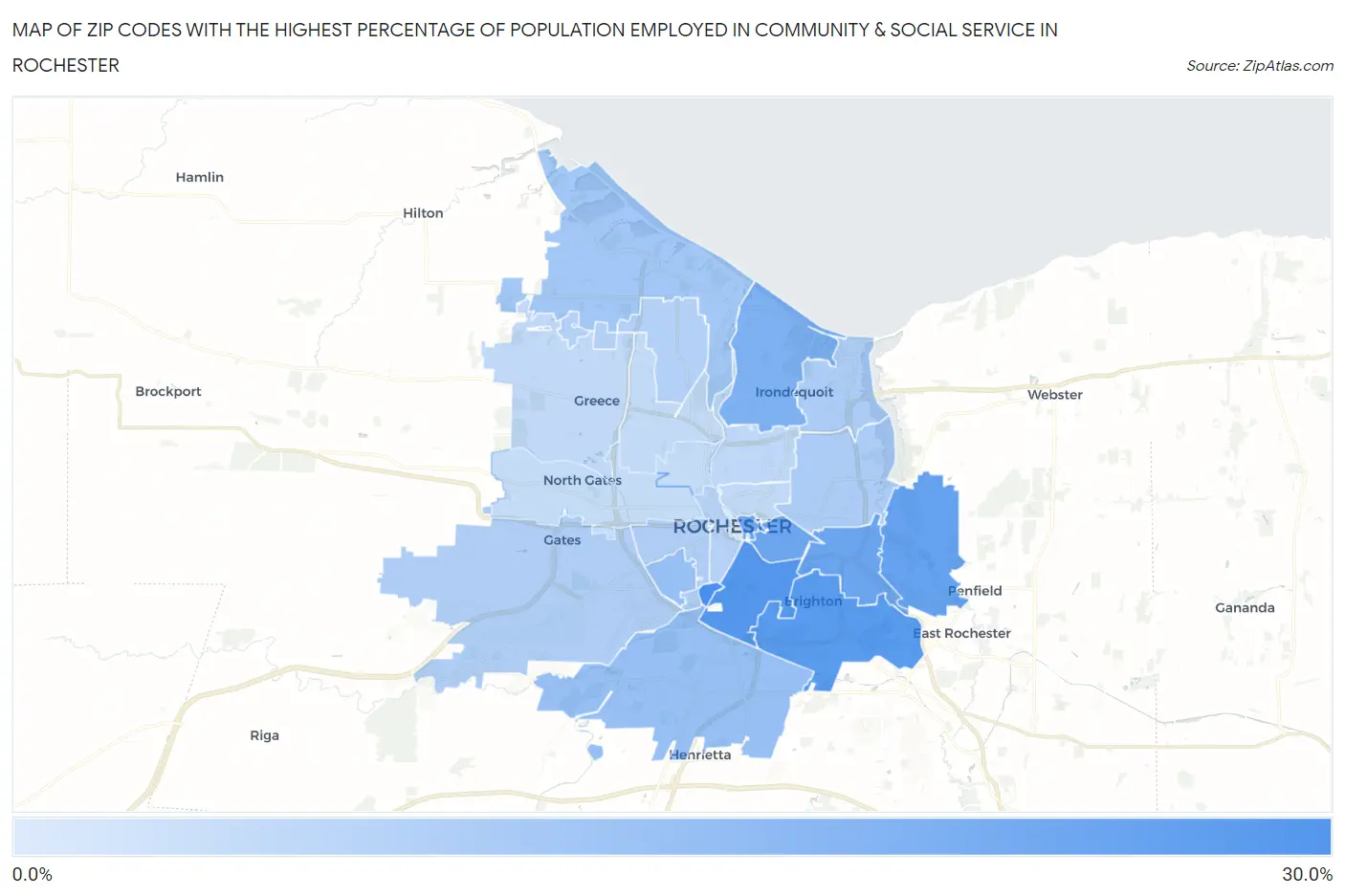 Zip Codes with the Highest Percentage of Population Employed in Community & Social Service  in Rochester Map