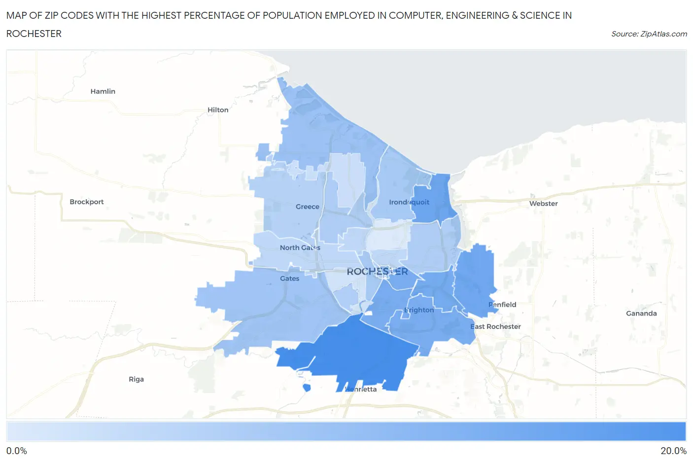 Zip Codes with the Highest Percentage of Population Employed in Computer, Engineering & Science in Rochester Map