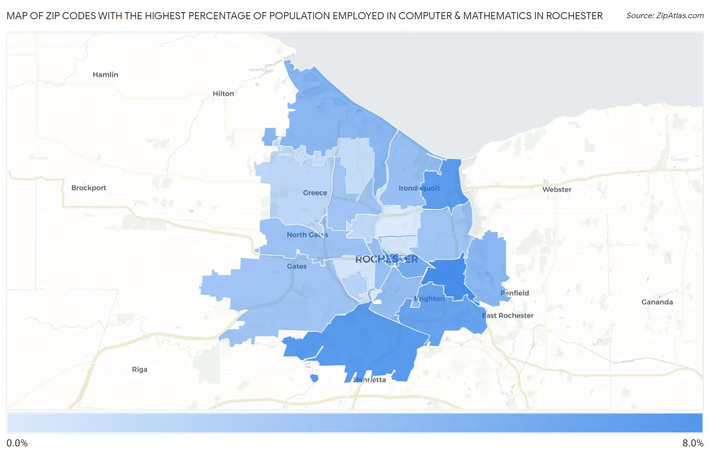 Zip Codes with the Highest Percentage of Population Employed in Computer & Mathematics in Rochester Map