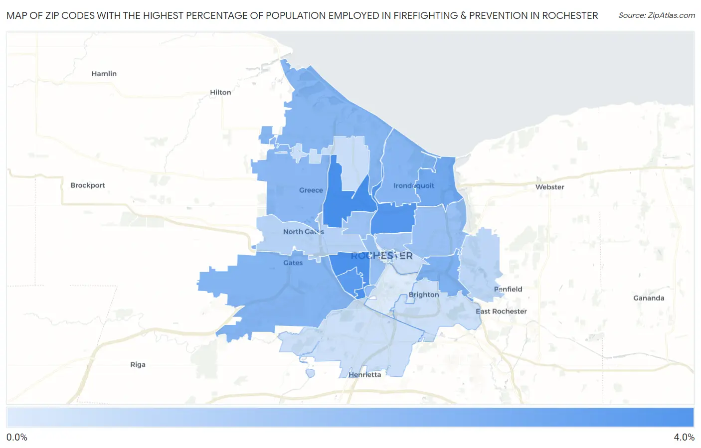 Zip Codes with the Highest Percentage of Population Employed in Firefighting & Prevention in Rochester Map