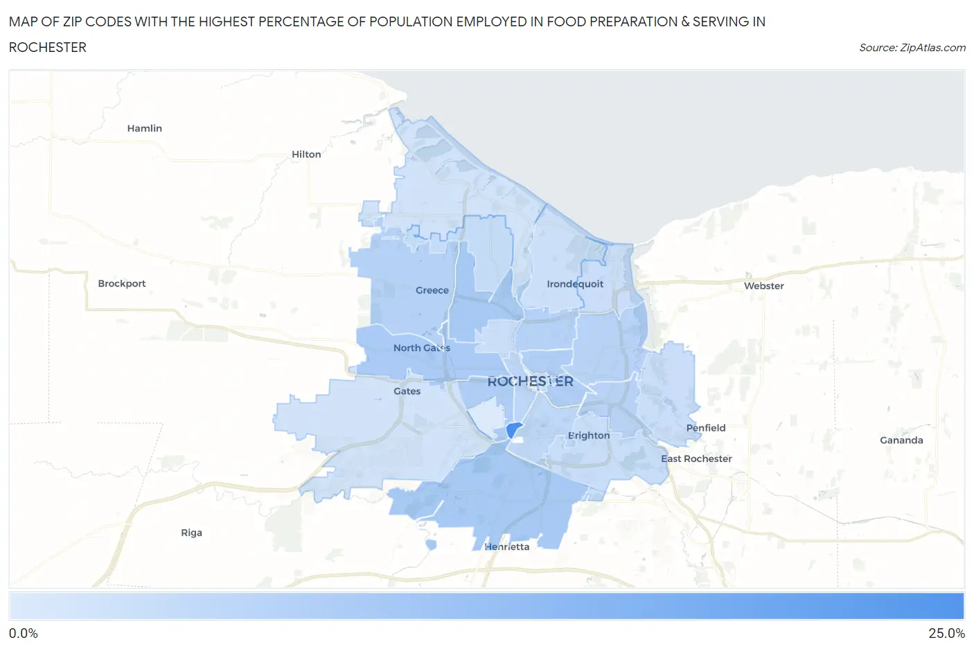 Zip Codes with the Highest Percentage of Population Employed in Food Preparation & Serving in Rochester Map