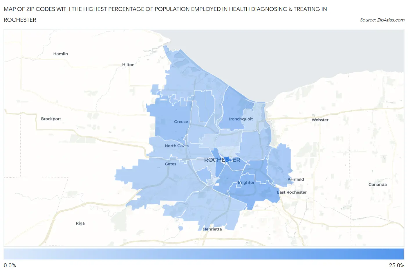 Zip Codes with the Highest Percentage of Population Employed in Health Diagnosing & Treating in Rochester Map