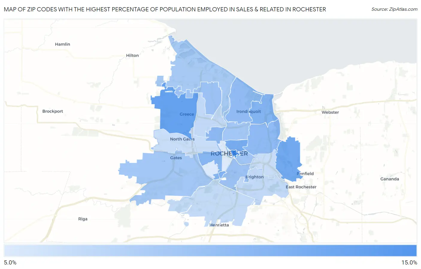 Zip Codes with the Highest Percentage of Population Employed in Sales & Related in Rochester Map