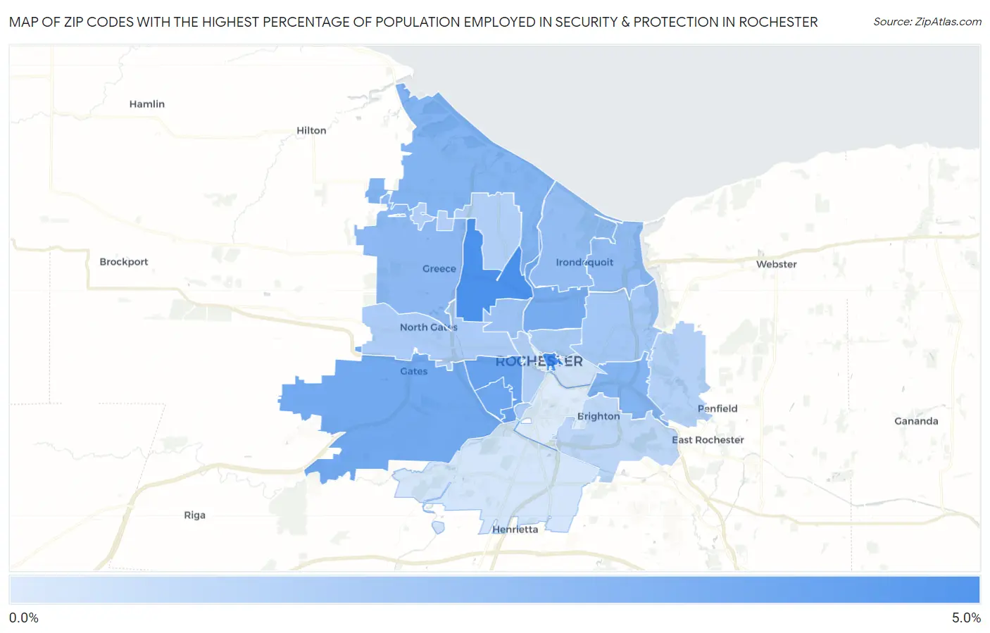 Zip Codes with the Highest Percentage of Population Employed in Security & Protection in Rochester Map