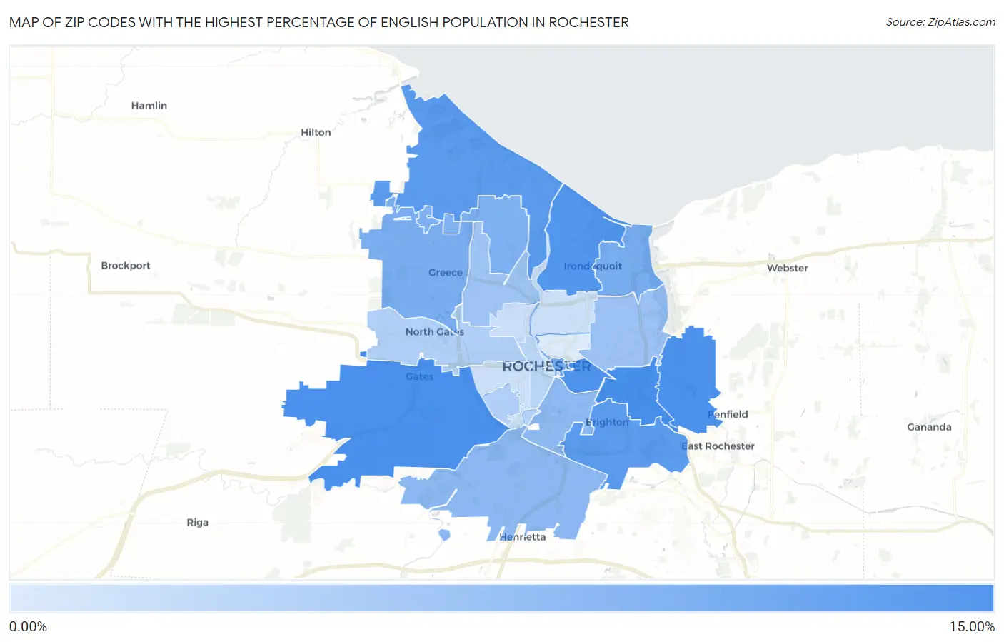 Zip Codes with the Highest Percentage of English Population in Rochester Map