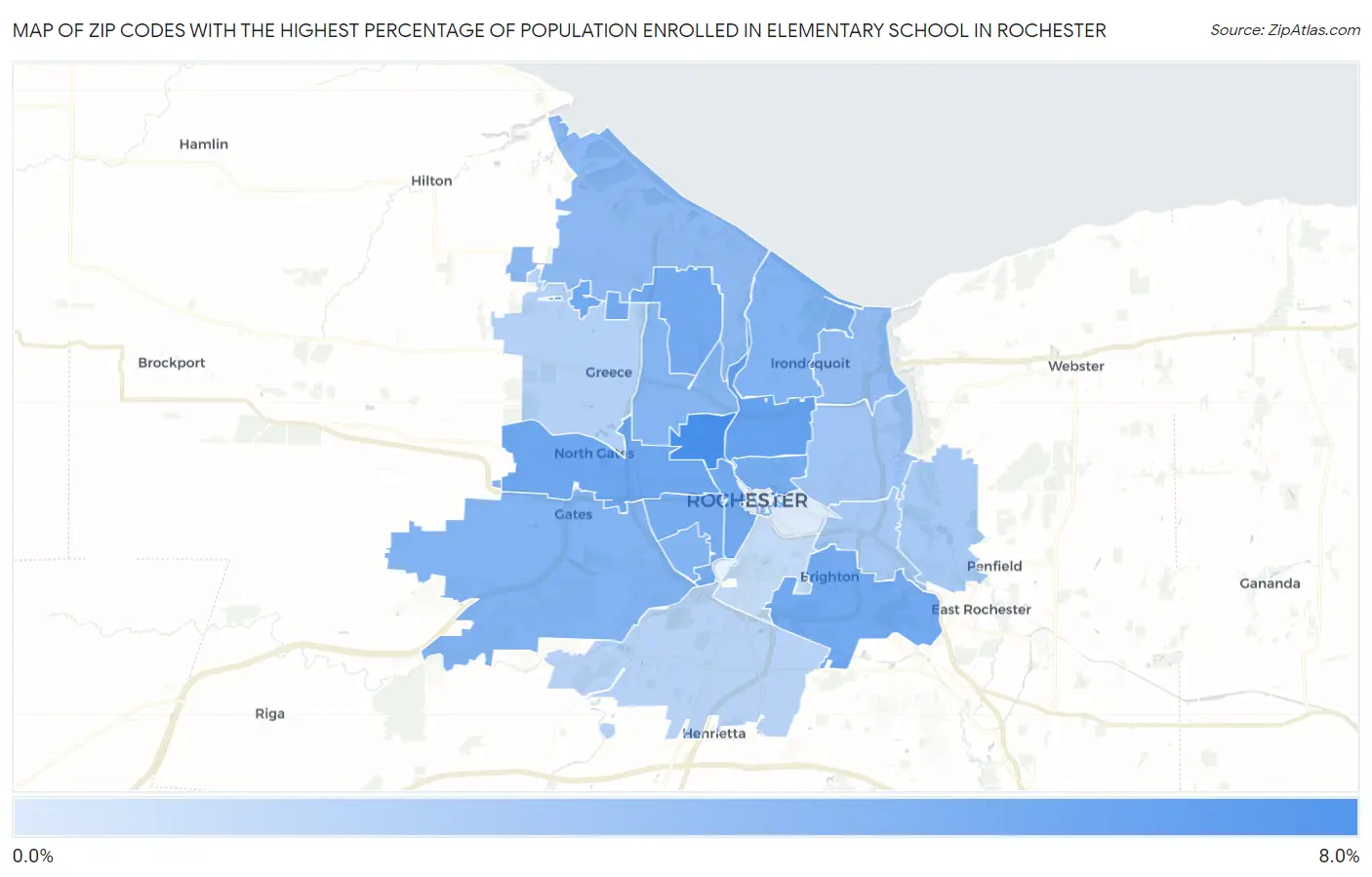 Zip Codes with the Highest Percentage of Population Enrolled in Elementary School in Rochester Map