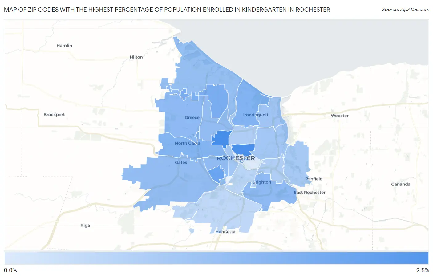Zip Codes with the Highest Percentage of Population Enrolled in Kindergarten in Rochester Map