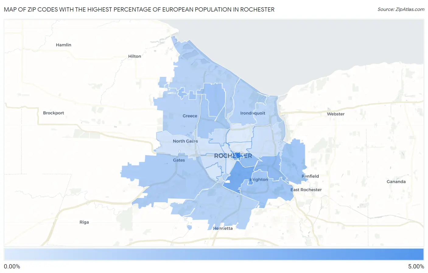 Zip Codes with the Highest Percentage of European Population in Rochester Map