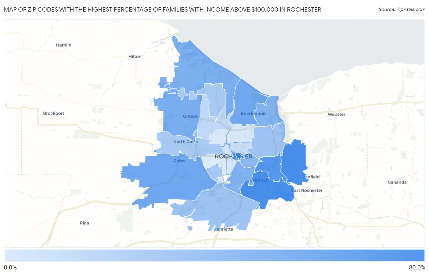 Zip Codes with the Highest Percentage of Families with Income Above $100,000 in Rochester Map