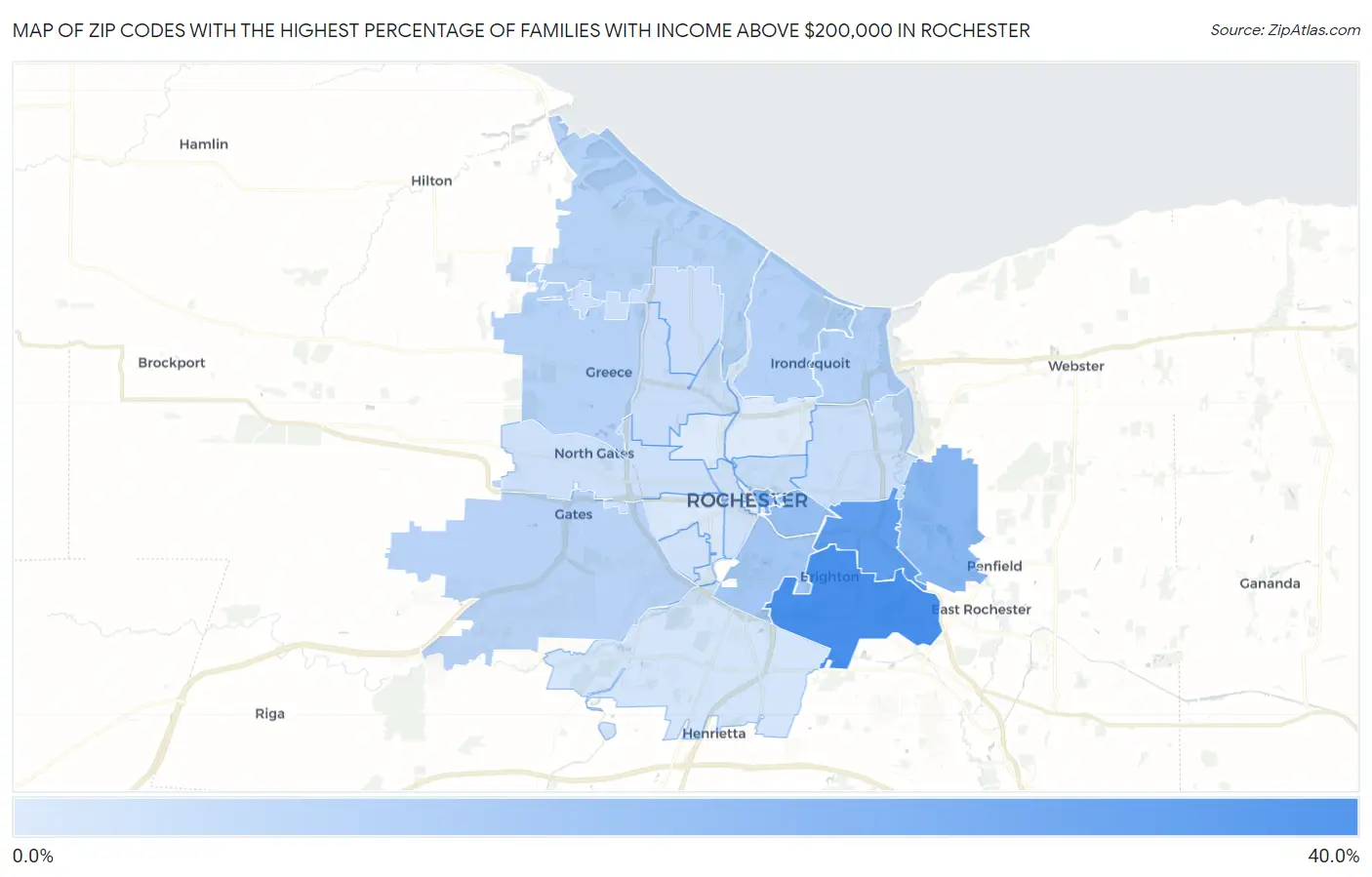 Zip Codes with the Highest Percentage of Families with Income Above $200,000 in Rochester Map