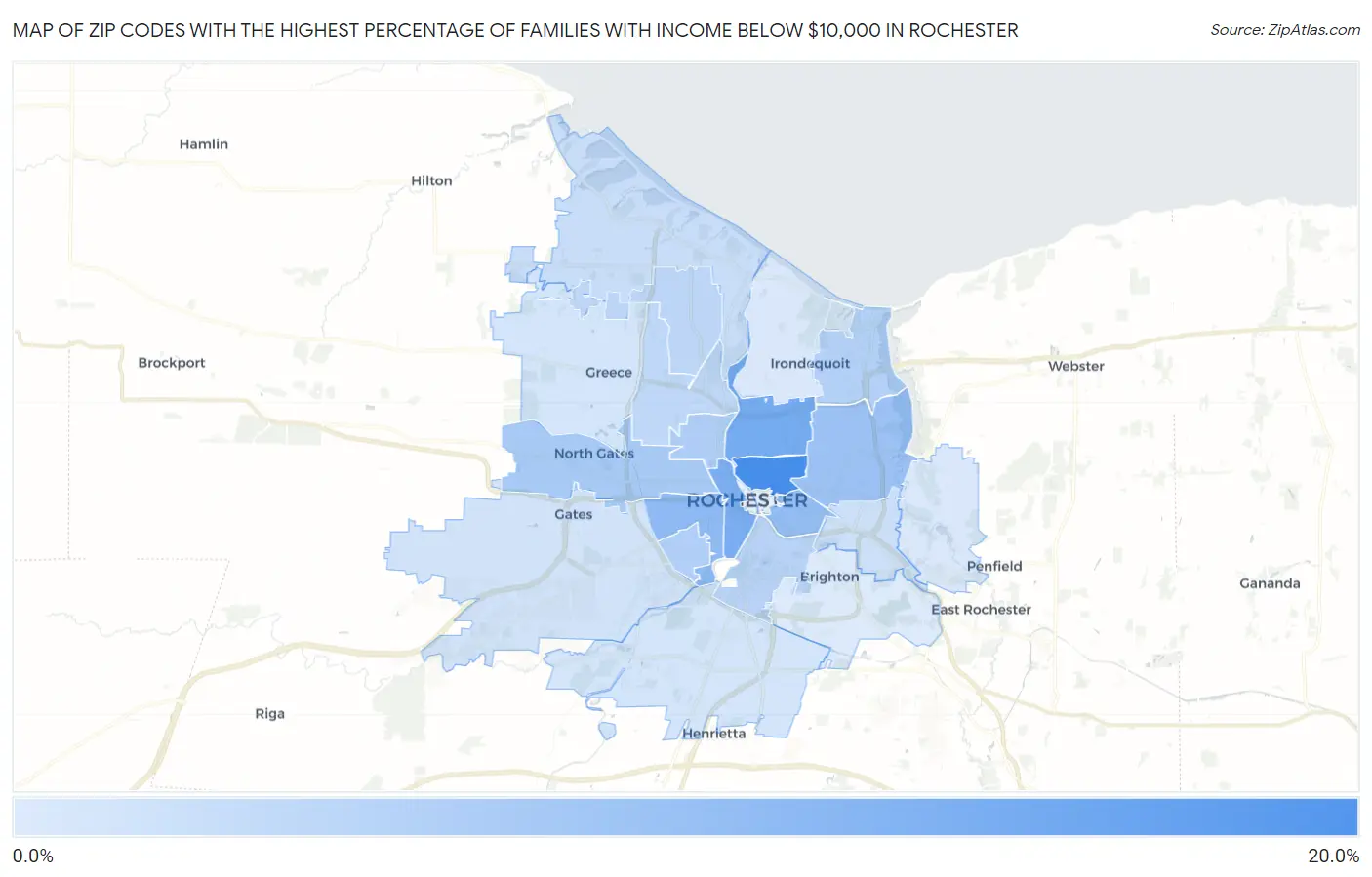 Zip Codes with the Highest Percentage of Families with Income Below $10,000 in Rochester Map