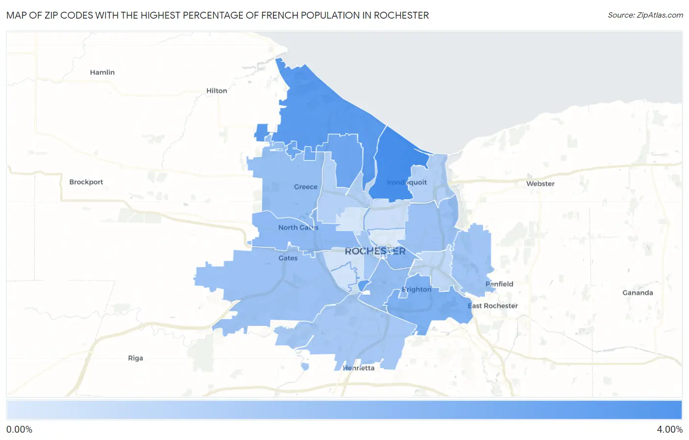 Zip Codes with the Highest Percentage of French Population in Rochester Map