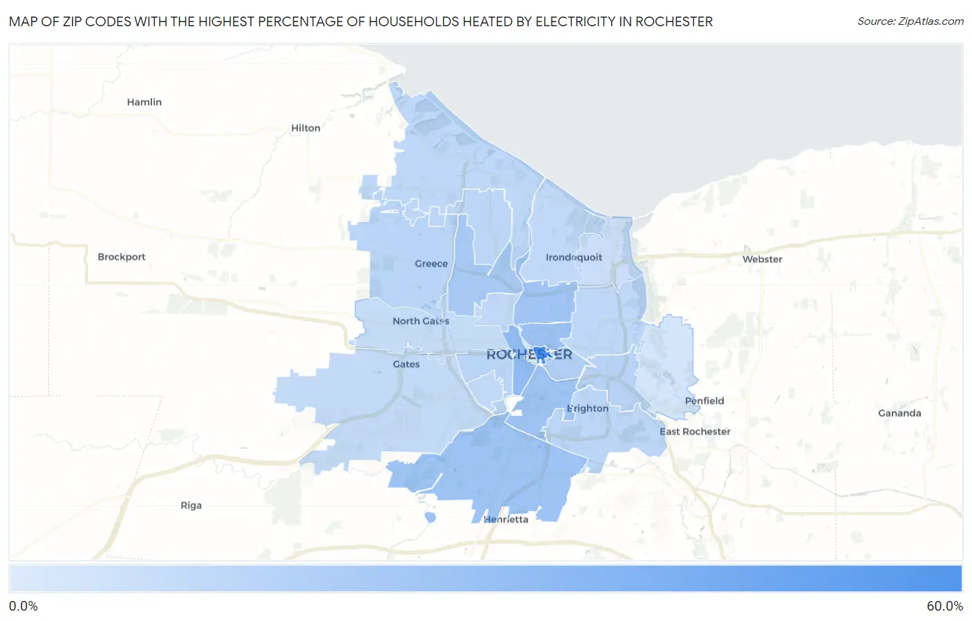 Zip Codes with the Highest Percentage of Households Heated by Electricity in Rochester Map