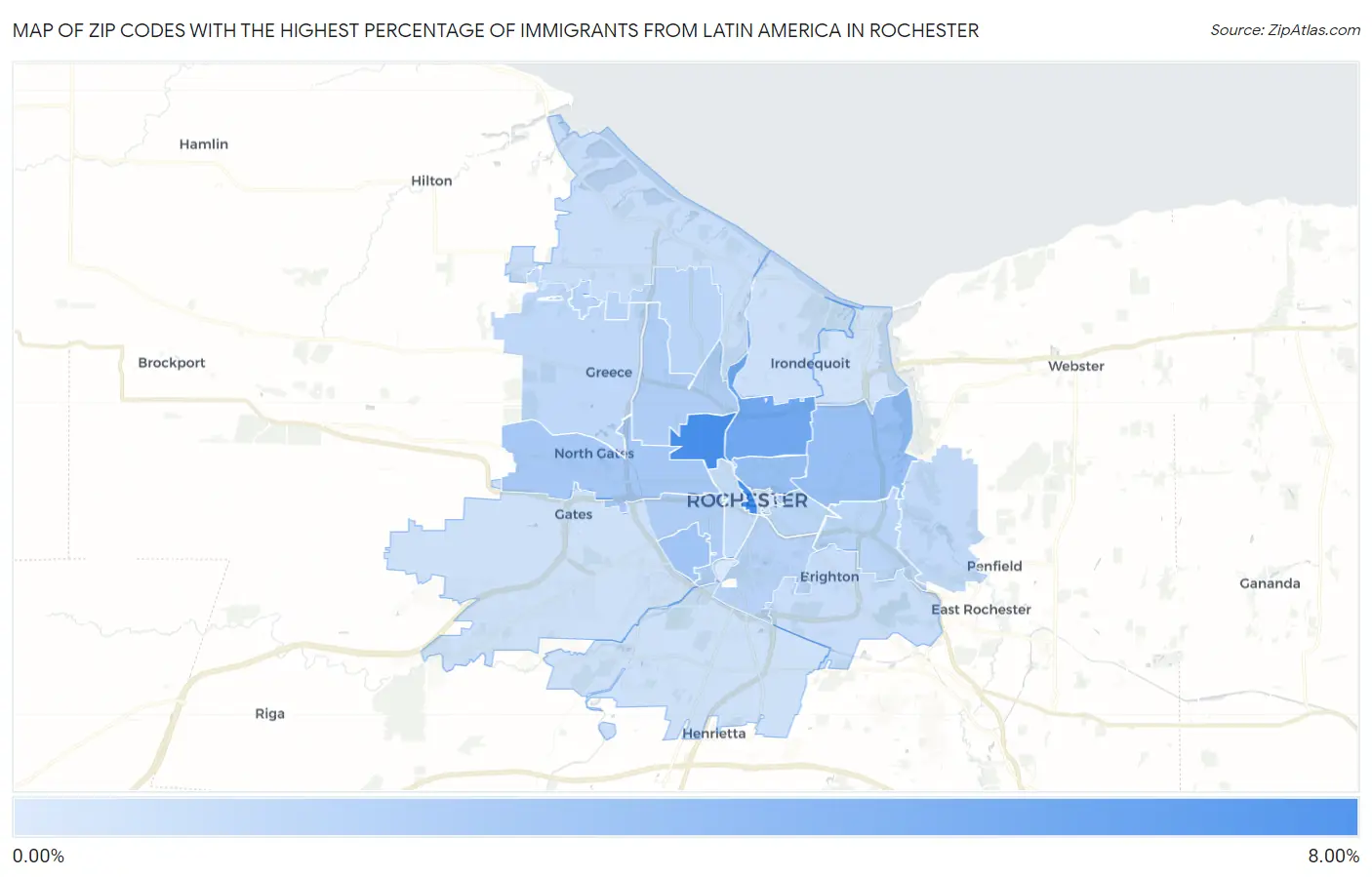 Zip Codes with the Highest Percentage of Immigrants from Latin America in Rochester Map