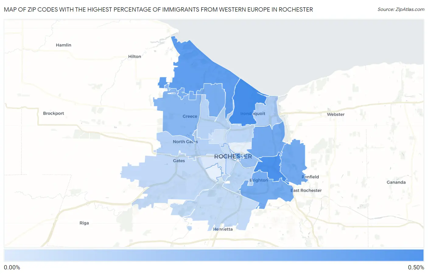 Zip Codes with the Highest Percentage of Immigrants from Western Europe in Rochester Map