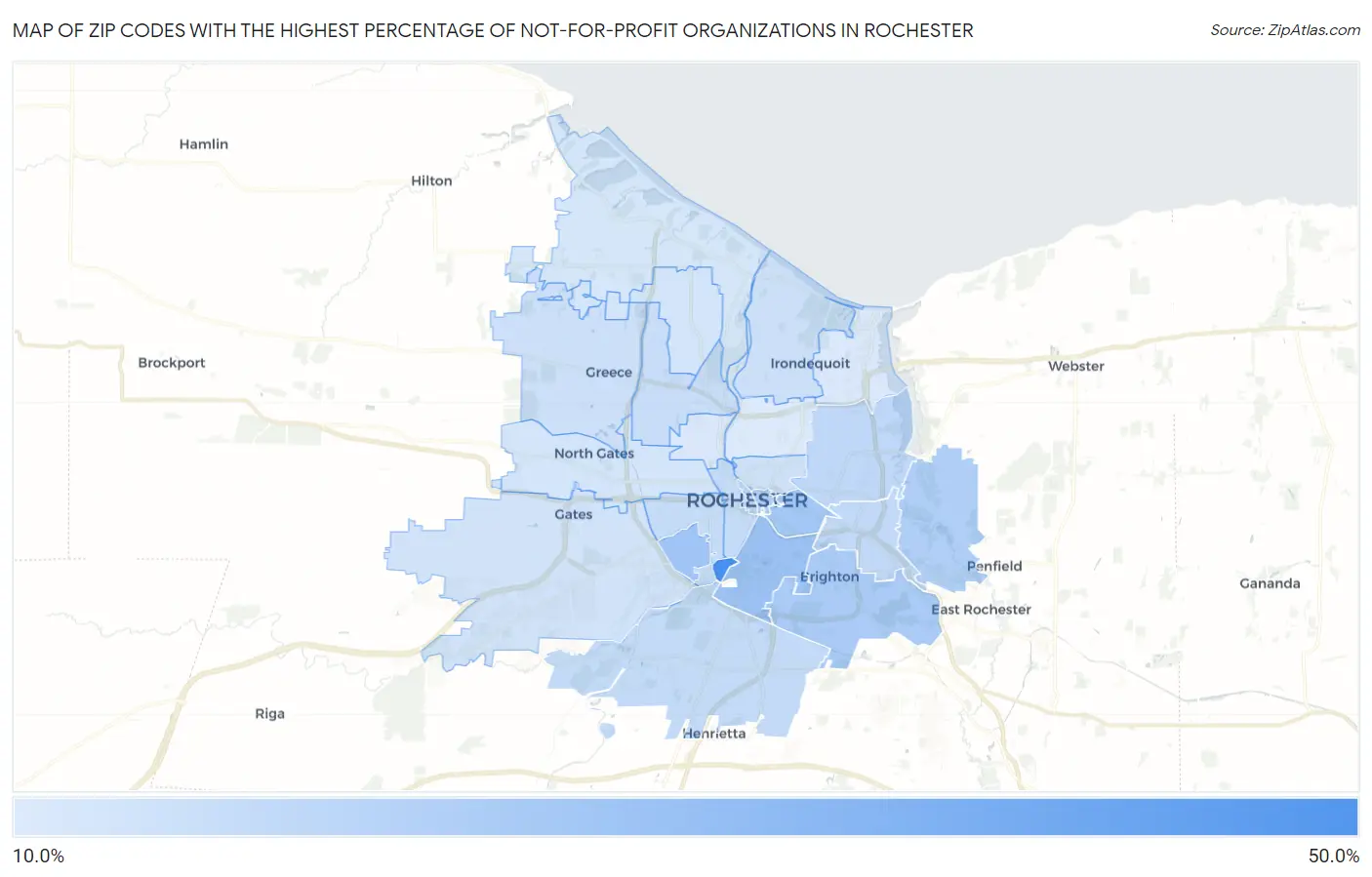 Zip Codes with the Highest Percentage of Not-for-profit Organizations in Rochester Map