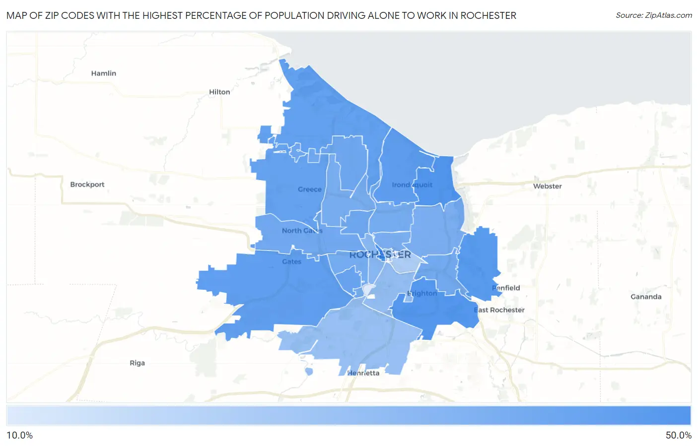 Zip Codes with the Highest Percentage of Population Driving Alone to Work in Rochester Map