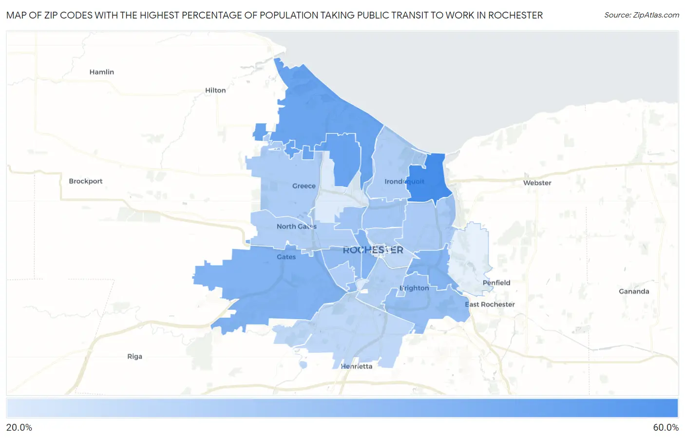 Zip Codes with the Highest Percentage of Population Taking Public Transit to Work in Rochester Map