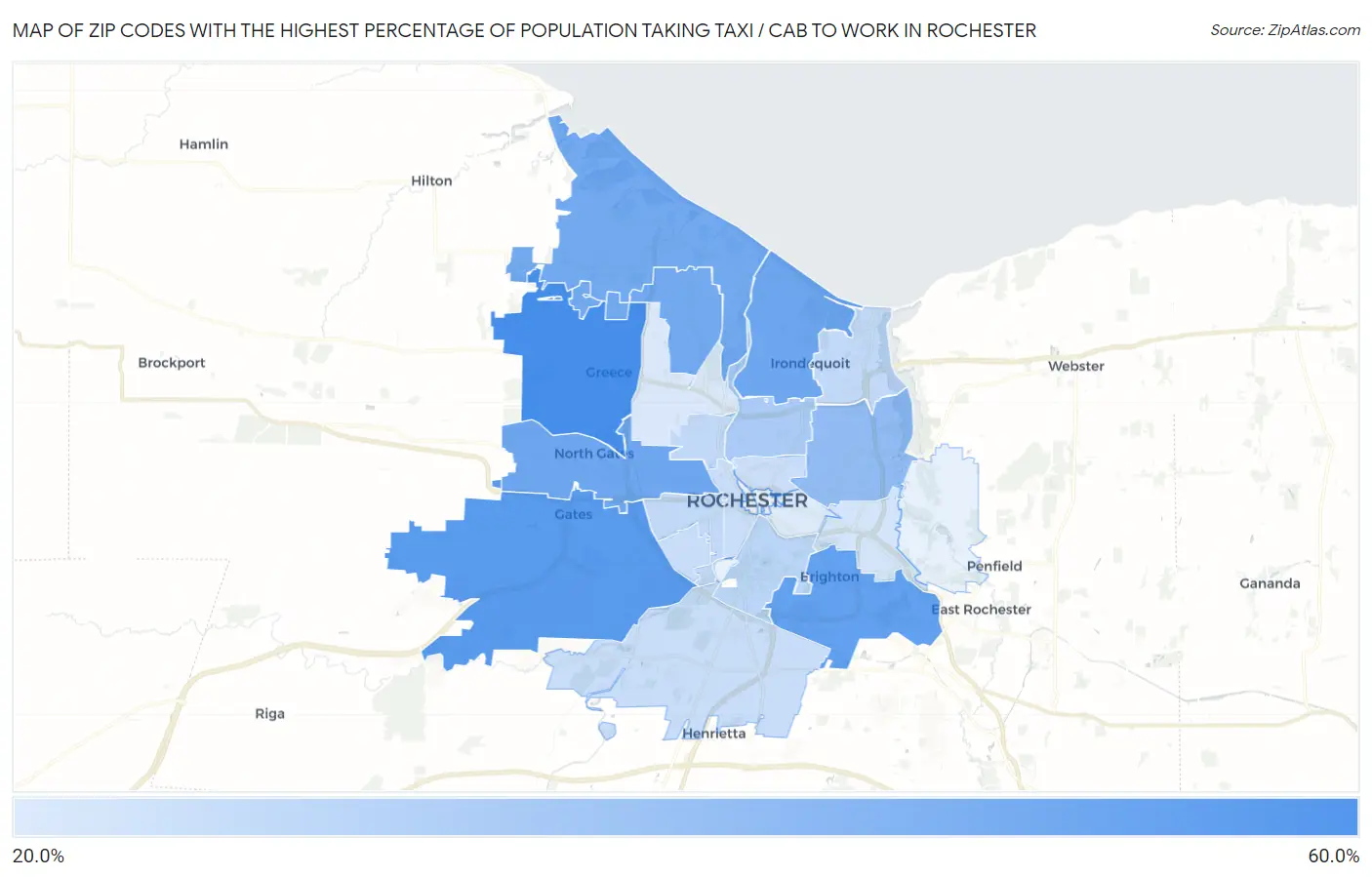 Zip Codes with the Highest Percentage of Population Taking Taxi / Cab to Work in Rochester Map