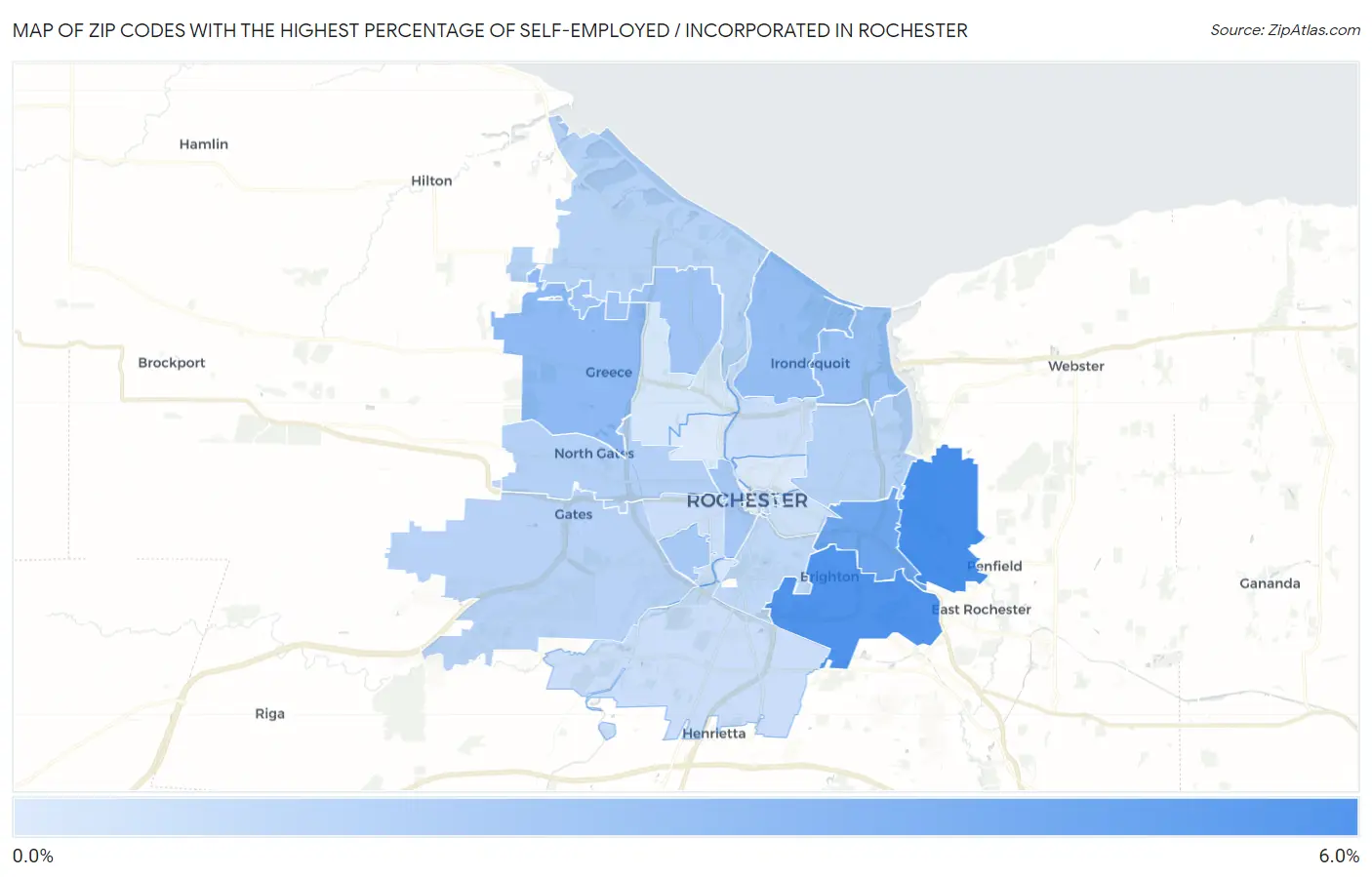 Zip Codes with the Highest Percentage of Self-Employed / Incorporated in Rochester Map