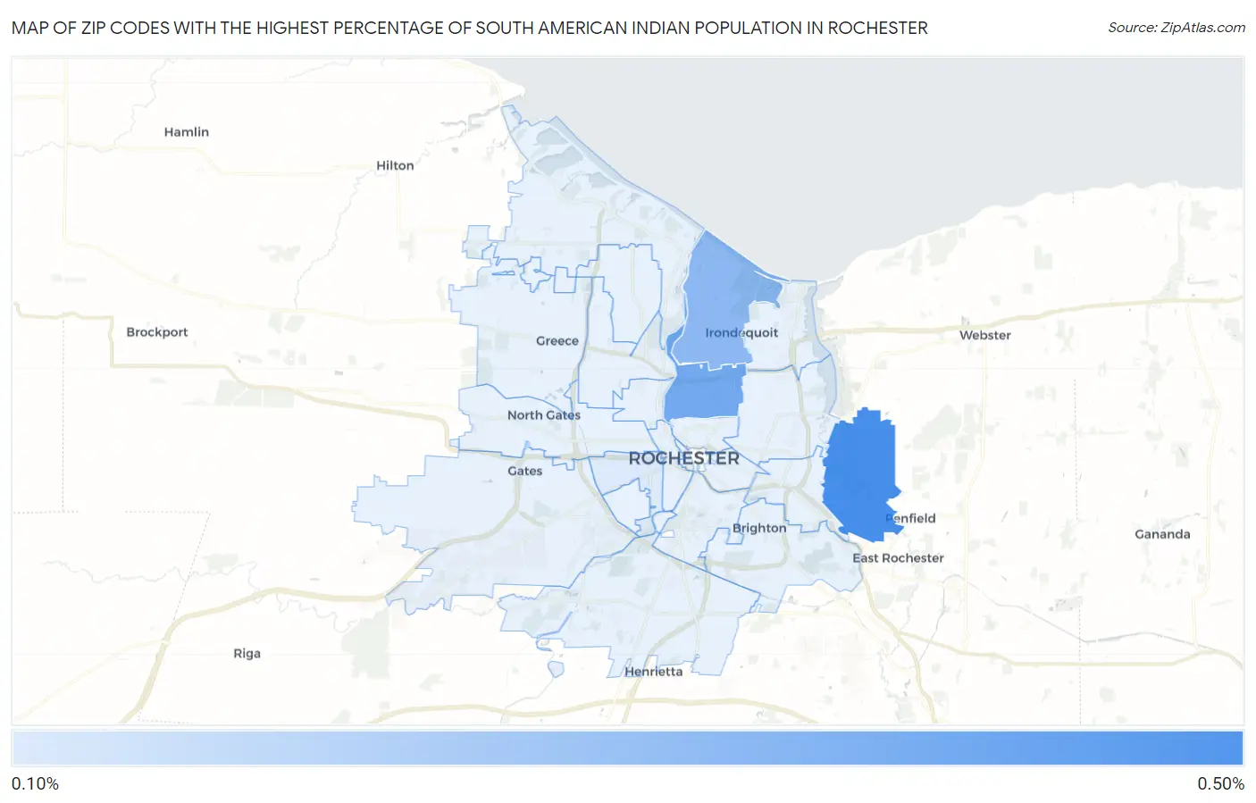 Zip Codes with the Highest Percentage of South American Indian Population in Rochester Map
