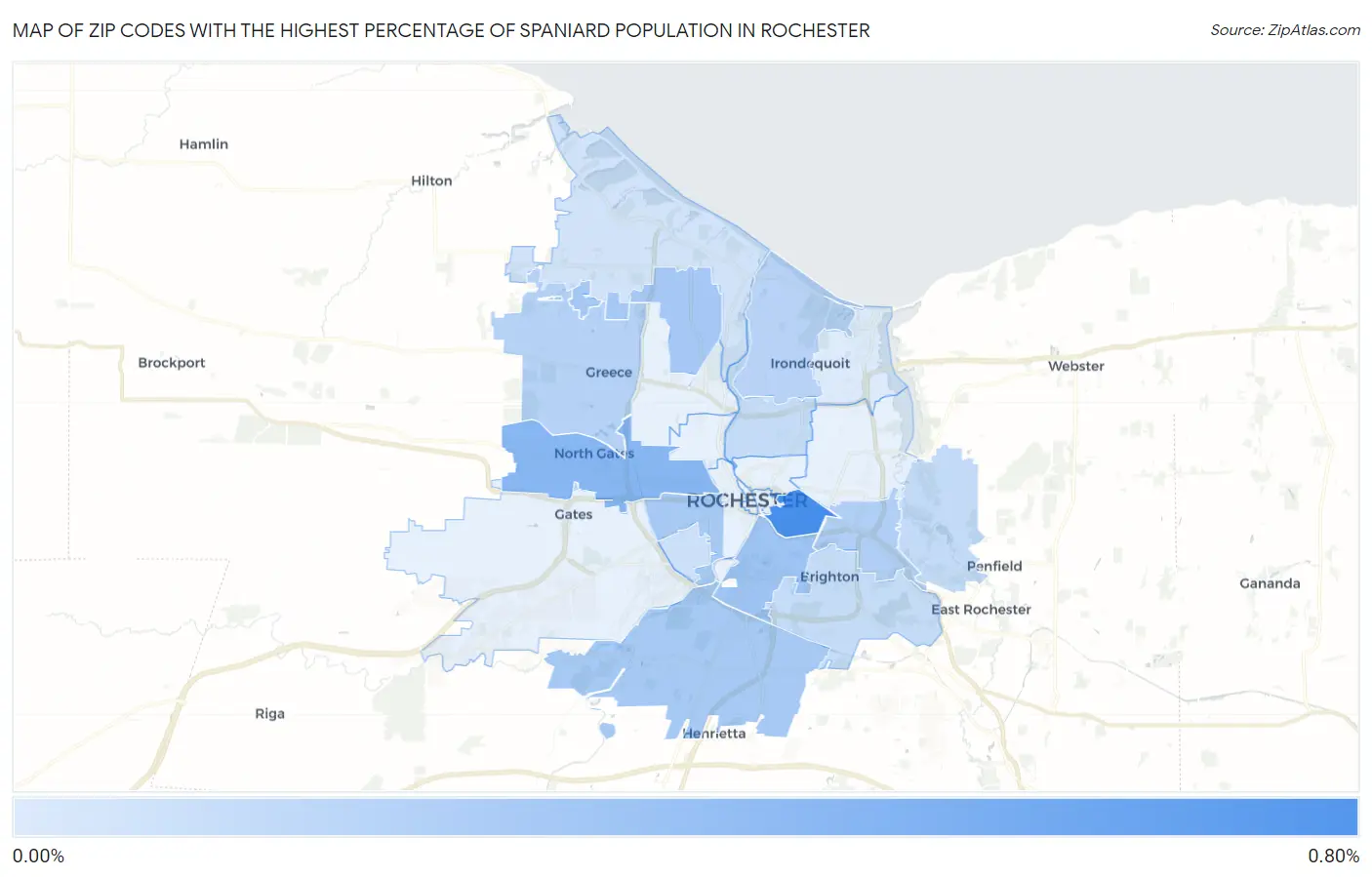 Zip Codes with the Highest Percentage of Spaniard Population in Rochester Map