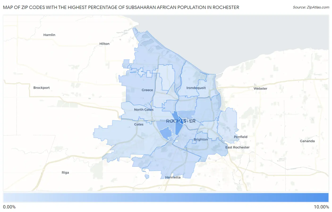 Zip Codes with the Highest Percentage of Subsaharan African Population in Rochester Map