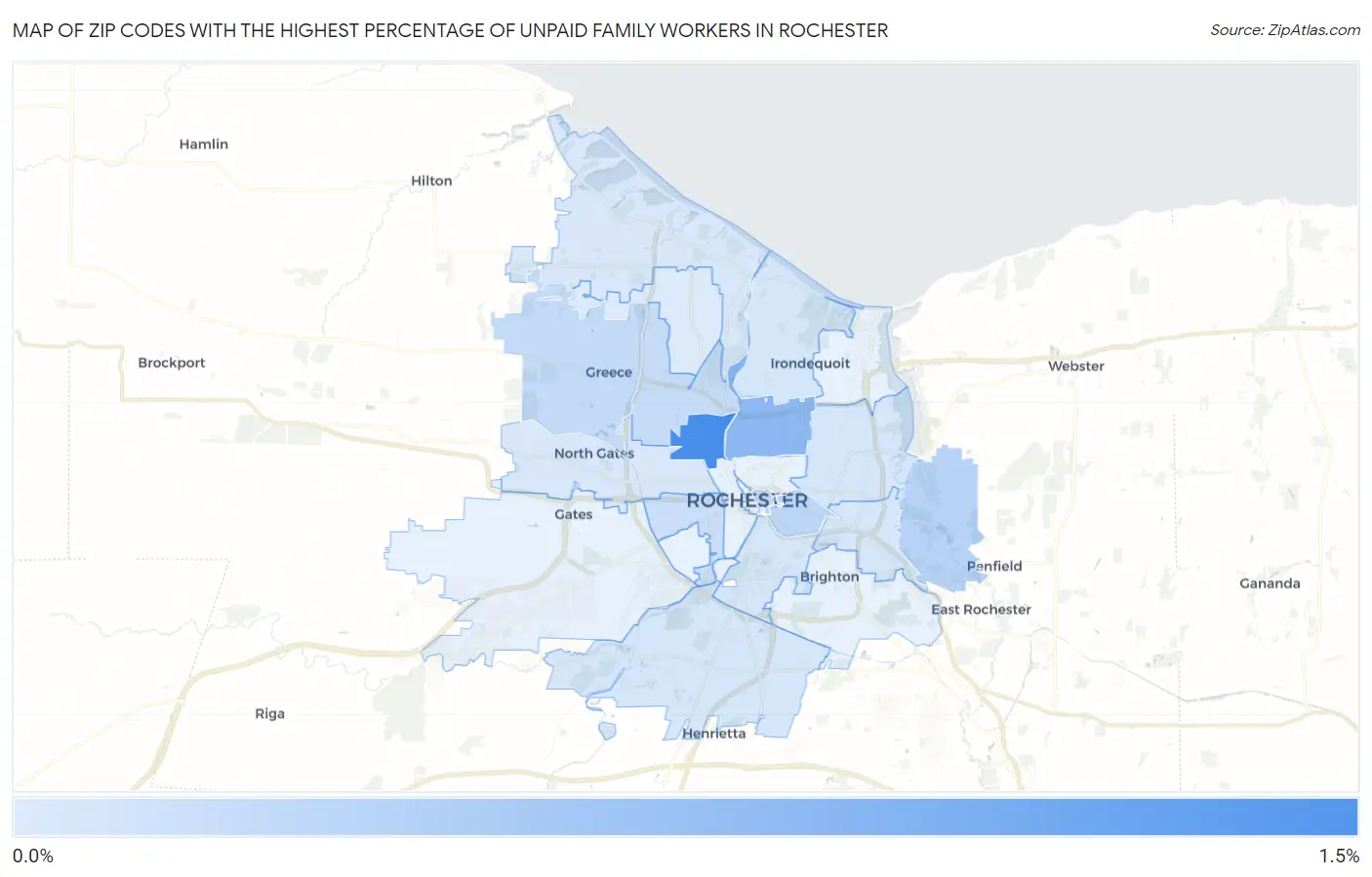 Zip Codes with the Highest Percentage of Unpaid Family Workers in Rochester Map