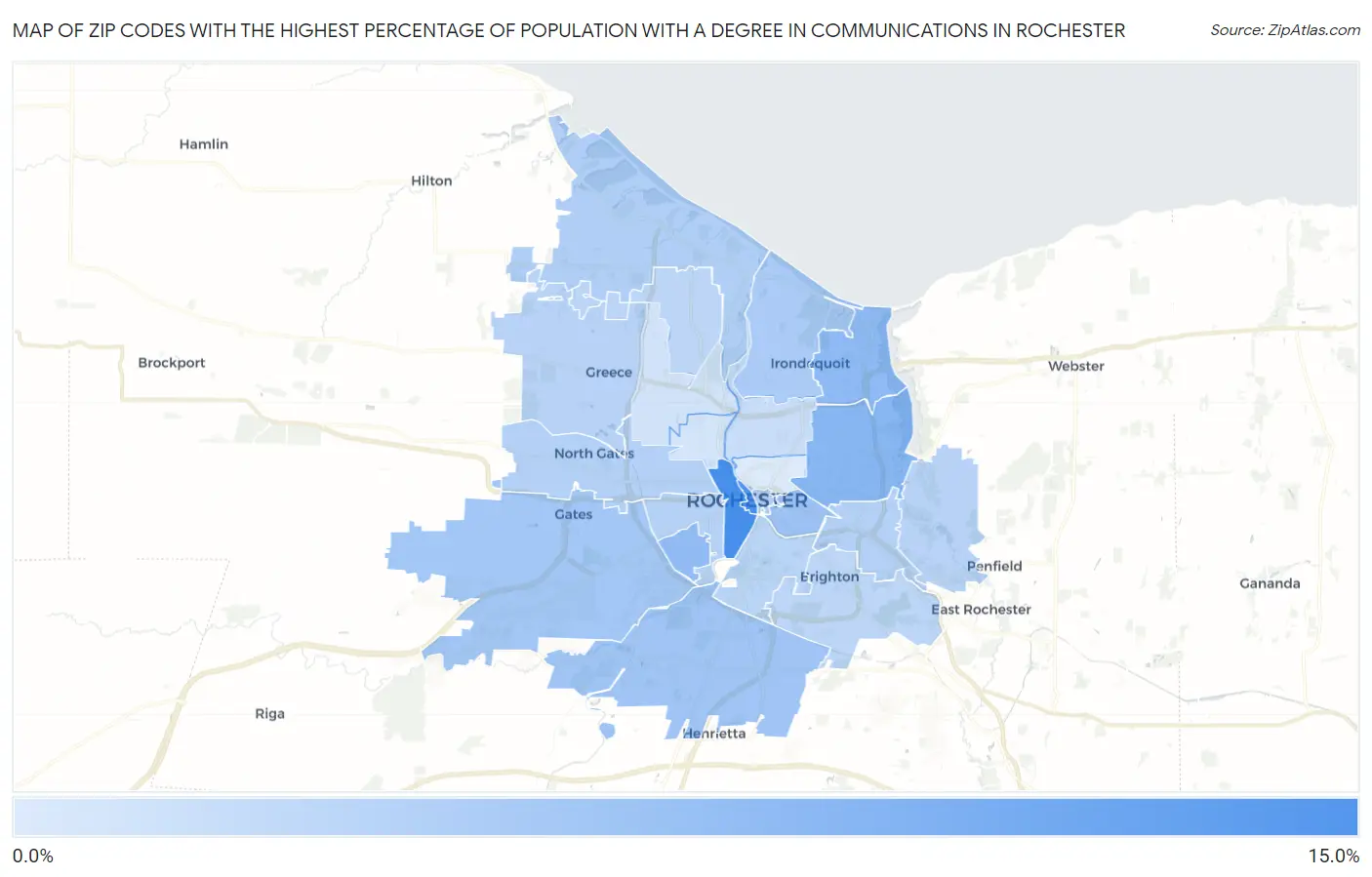 Zip Codes with the Highest Percentage of Population with a Degree in Communications in Rochester Map