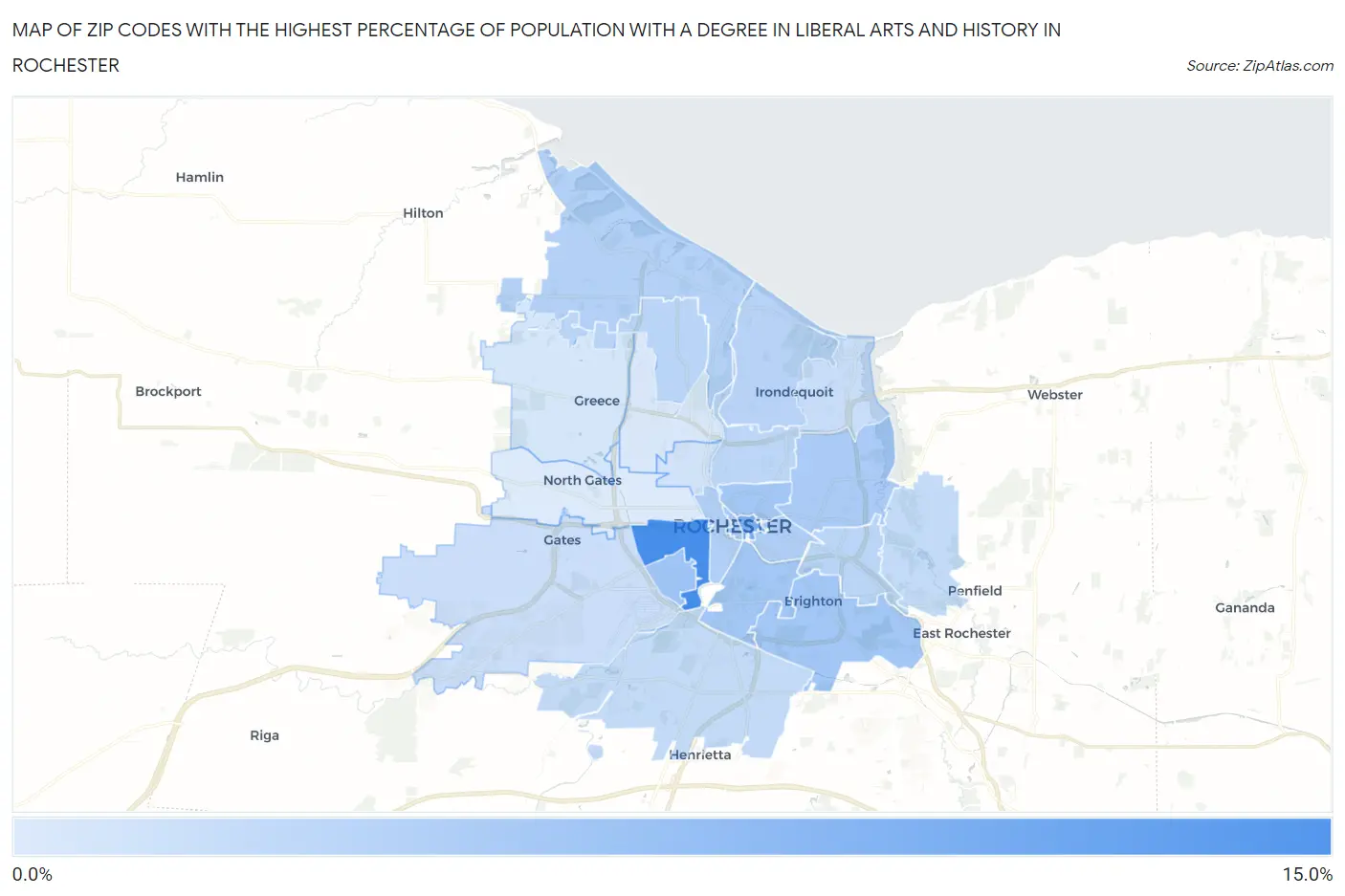 Zip Codes with the Highest Percentage of Population with a Degree in Liberal Arts and History in Rochester Map