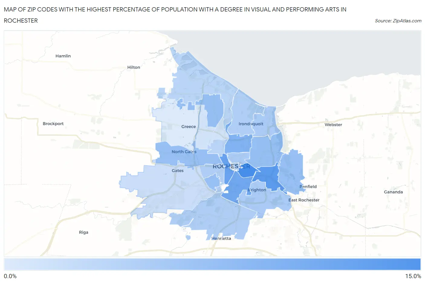 Zip Codes with the Highest Percentage of Population with a Degree in Visual and Performing Arts in Rochester Map