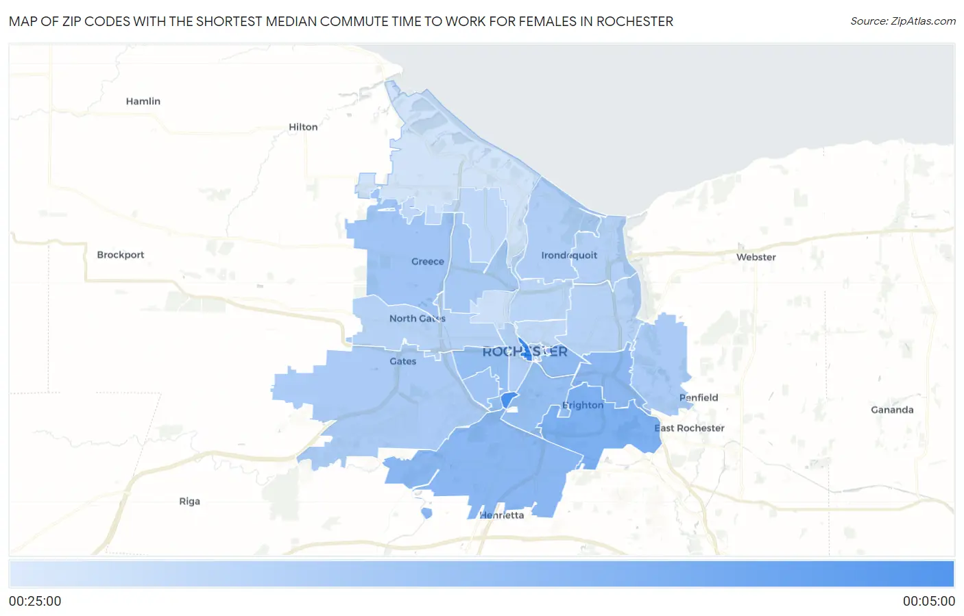 Zip Codes with the Shortest Median Commute Time to Work for Females in Rochester Map