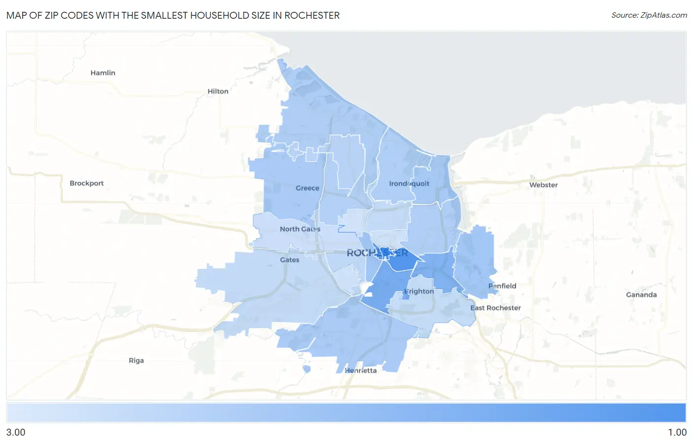 Zip Codes with the Smallest Household Size in Rochester Map