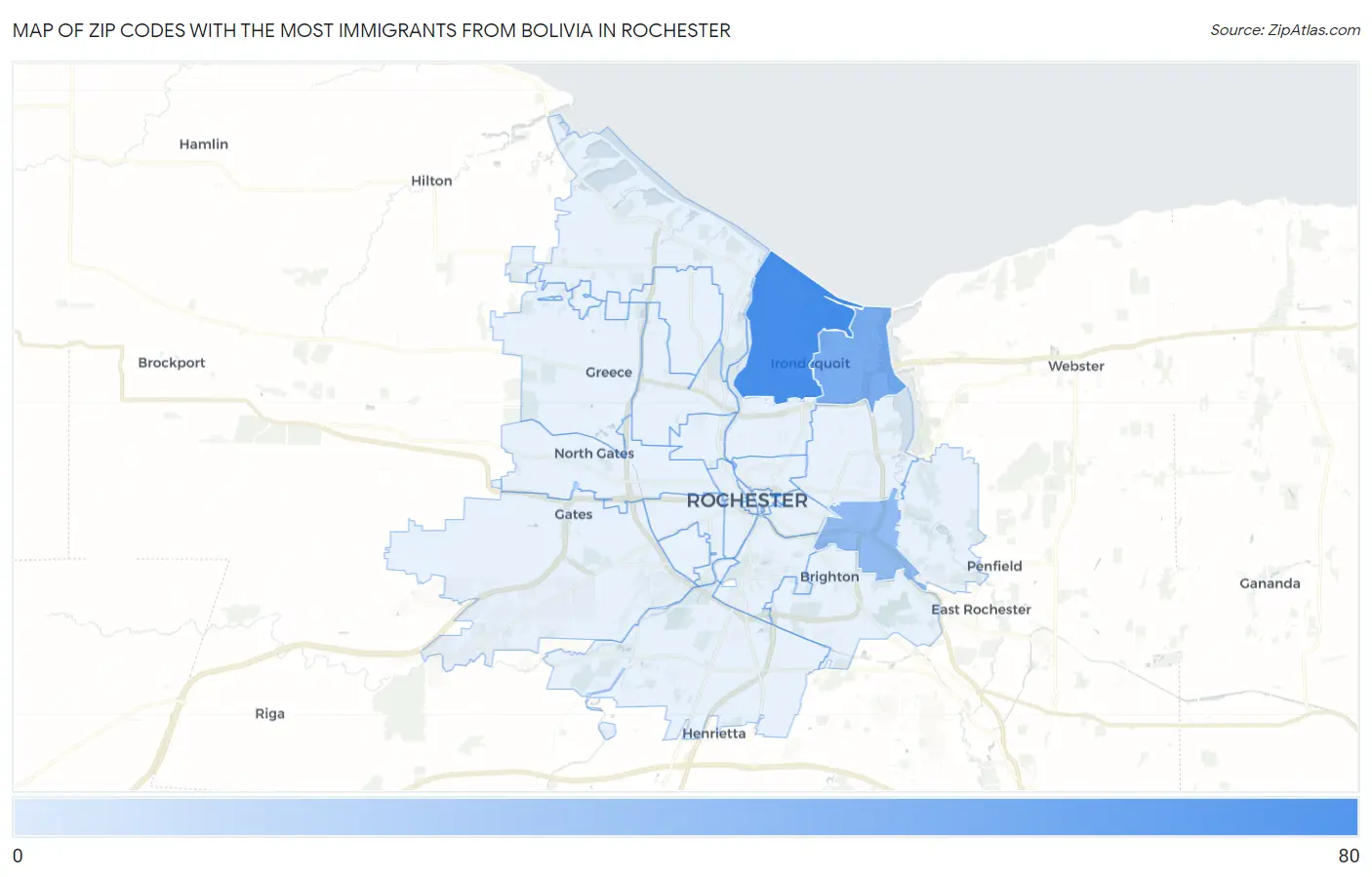 Zip Codes with the Most Immigrants from Bolivia in Rochester Map
