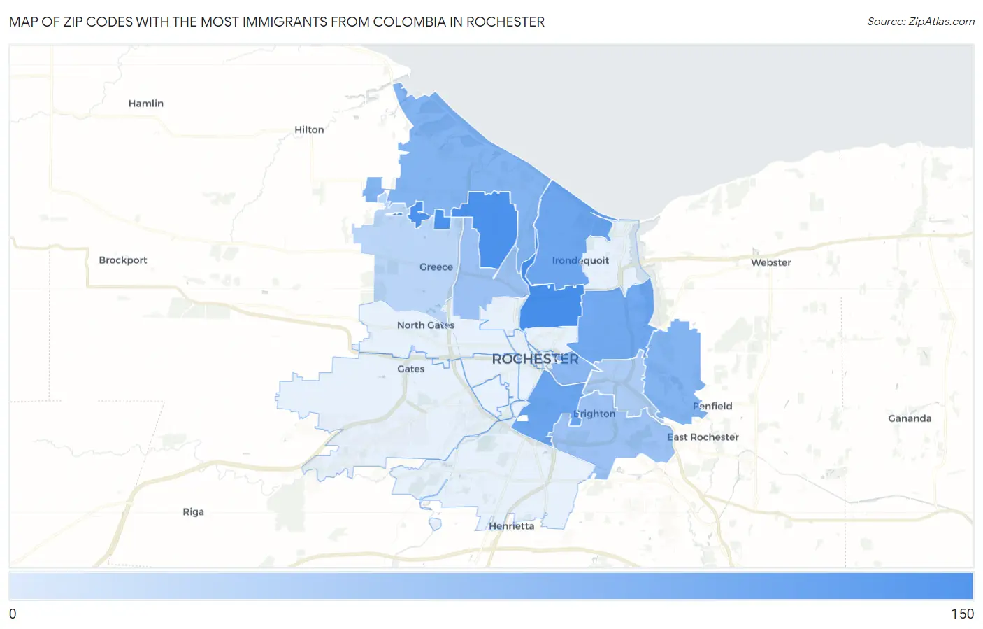 Zip Codes with the Most Immigrants from Colombia in Rochester Map