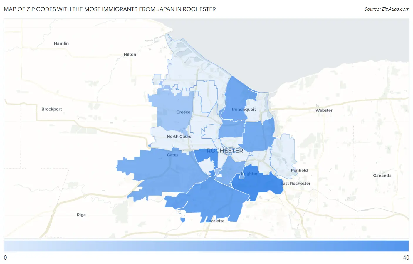 Zip Codes with the Most Immigrants from Japan in Rochester Map