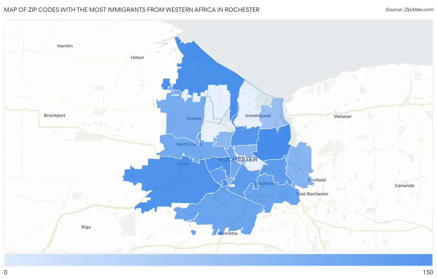 Zip Codes with the Most Immigrants from Western Africa in Rochester Map