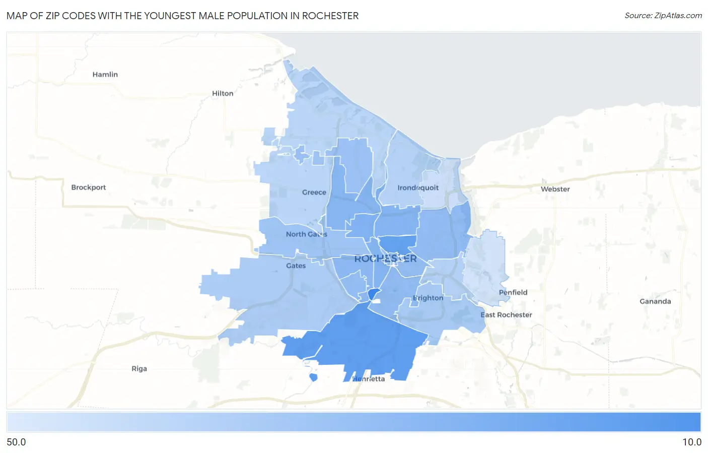 Zip Codes with the Youngest Male Population in Rochester Map