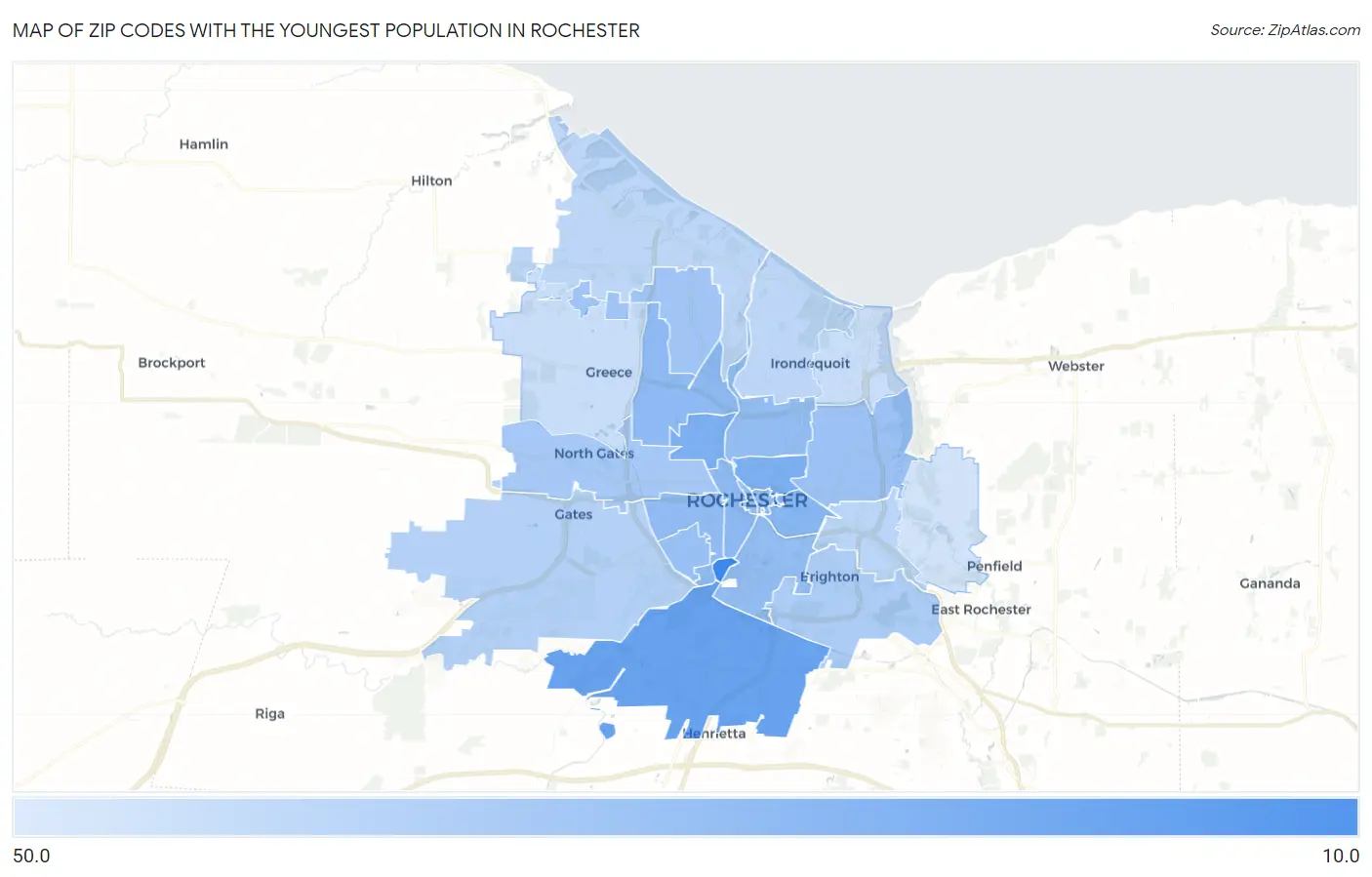 Zip Codes with the Youngest Population in Rochester Map
