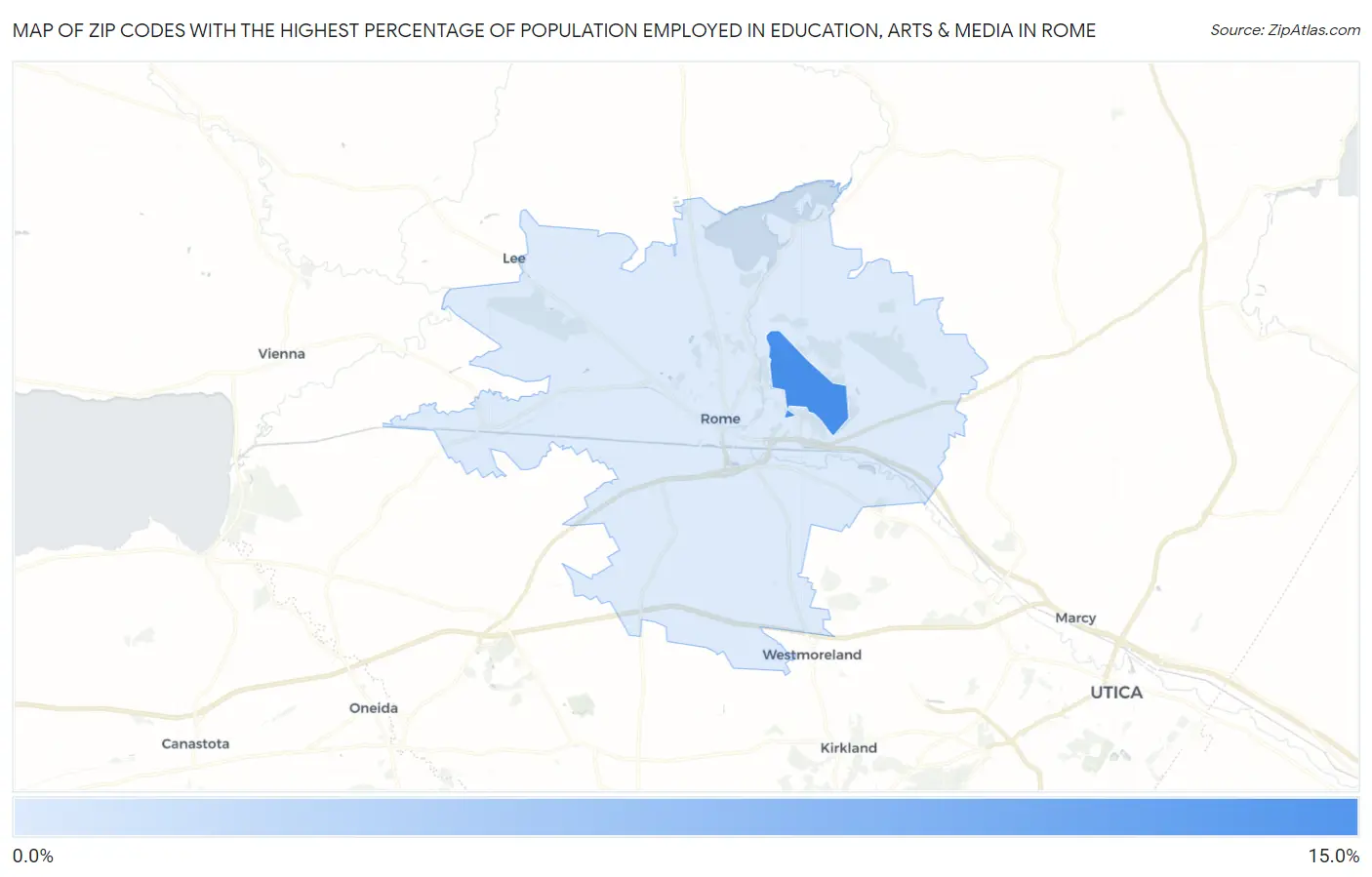 Zip Codes with the Highest Percentage of Population Employed in Education, Arts & Media in Rome Map
