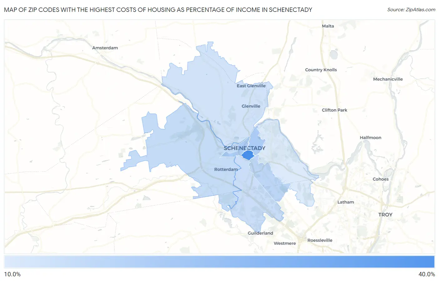 Zip Codes with the Highest Costs of Housing as Percentage of Income in Schenectady Map