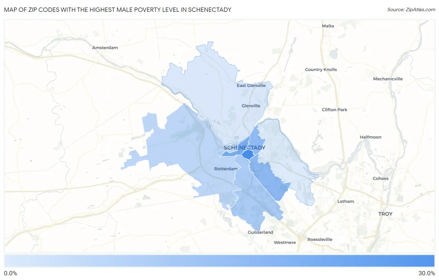 Zip Codes with the Highest Male Poverty Level in Schenectady Map