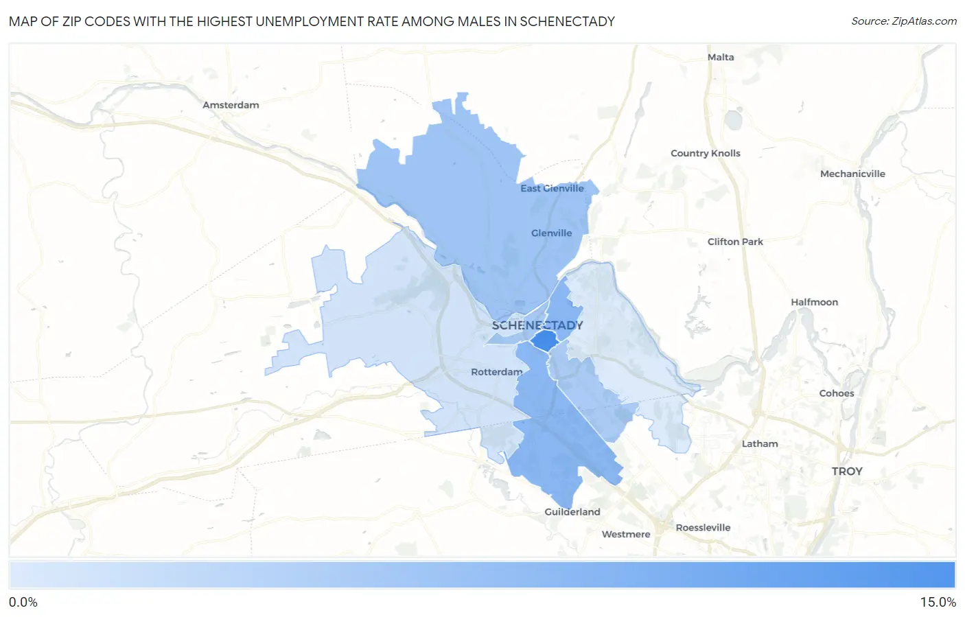 Zip Codes with the Highest Unemployment Rate Among Males in Schenectady Map