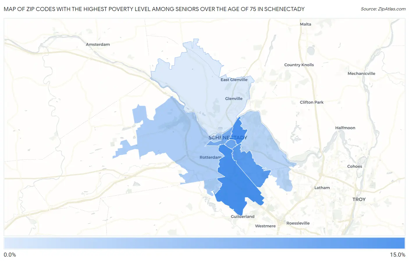 Zip Codes with the Highest Poverty Level Among Seniors Over the Age of 75 in Schenectady Map