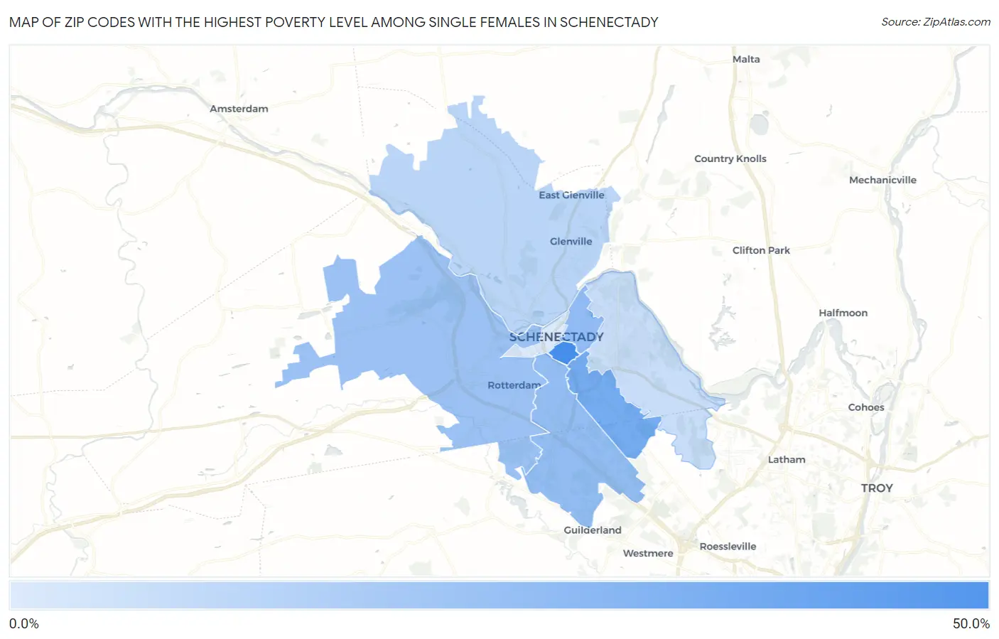 Zip Codes with the Highest Poverty Level Among Single Females in Schenectady Map