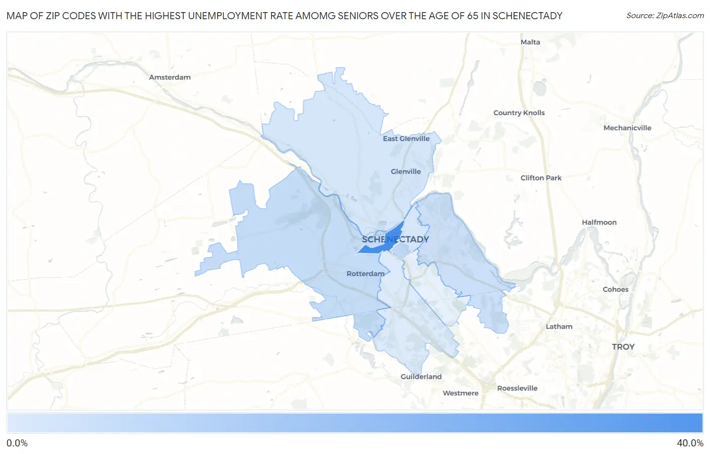 Zip Codes with the Highest Unemployment Rate Amomg Seniors Over the Age of 65 in Schenectady Map