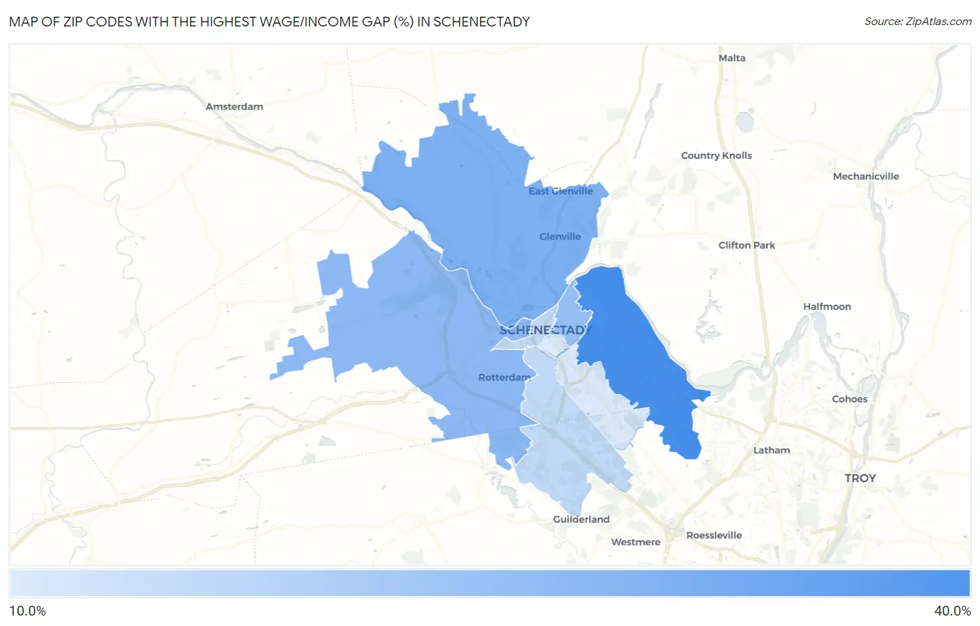Zip Codes with the Highest Wage/Income Gap (%) in Schenectady Map