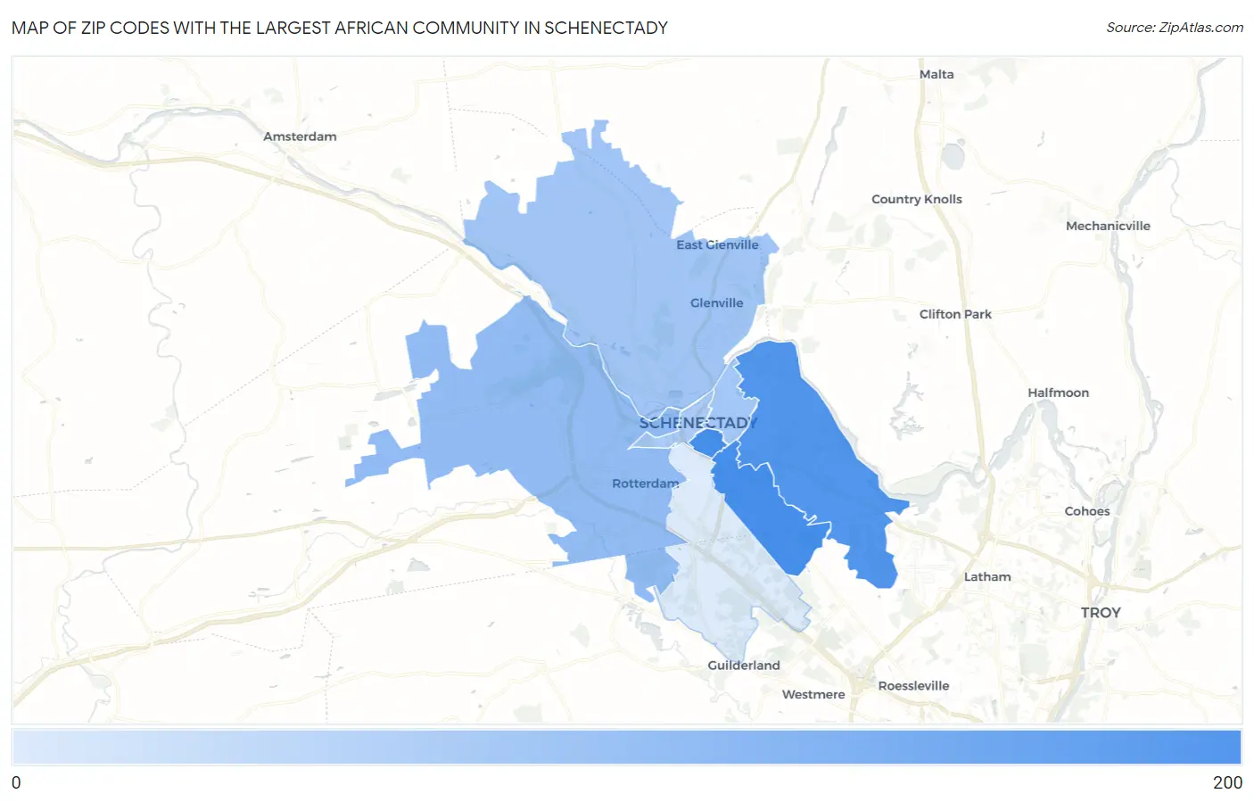 Zip Codes with the Largest African Community in Schenectady Map