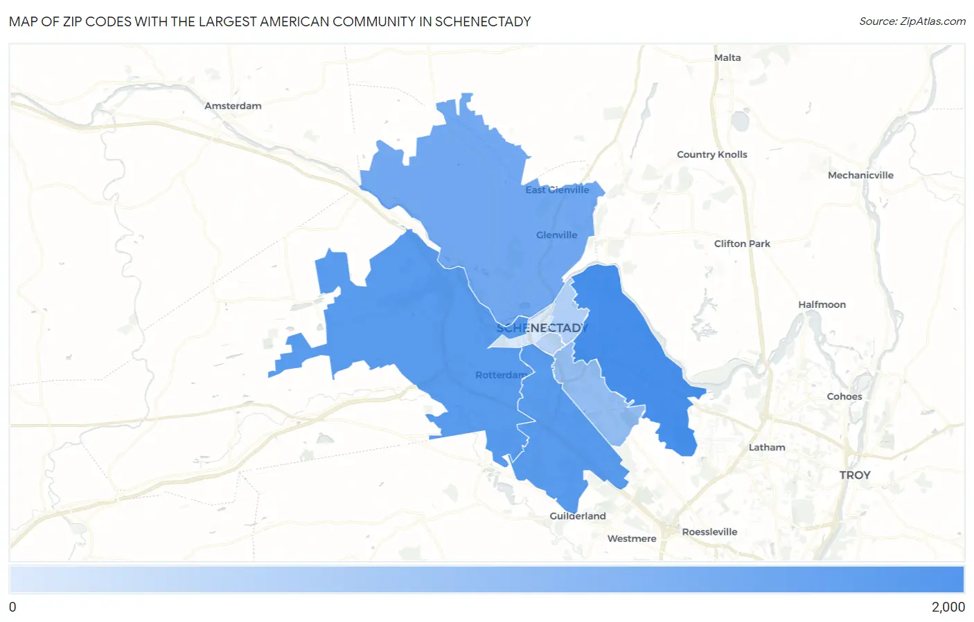 Zip Codes with the Largest American Community in Schenectady Map